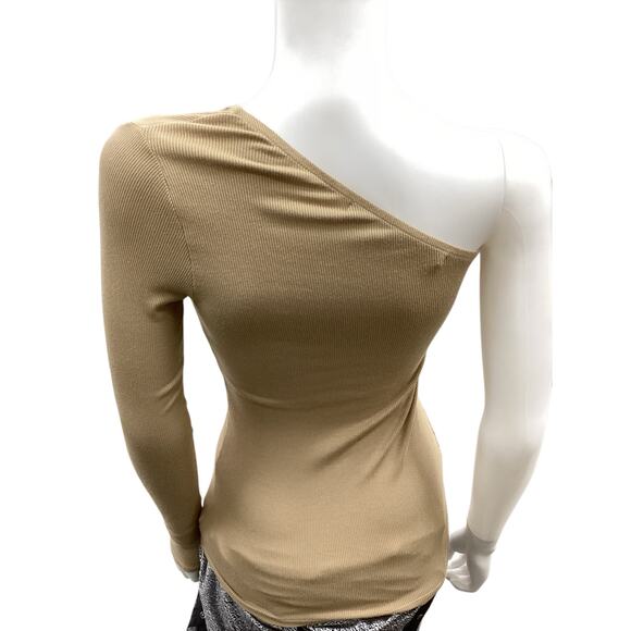 NWT Enza Costa Top Women’s SZ S Long Sleeve One Arm Ribbed Light Knit LightBrown - Picture 3 of 5